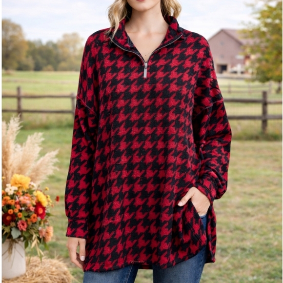 BiBi Tops - Bibi Flannel Plaid Tunic 1/4 Zip Top Exposed Stitching NWOT Small Oversized